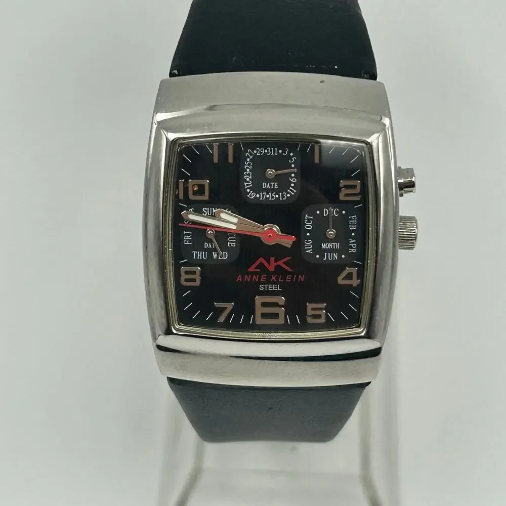 Anne Klein Steel Silver Black Leather Women’s Watch, 29mm Working New Battery